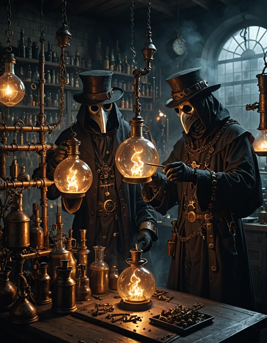 Mideavel steam punk plague doctors are making magic potion in mideavel science laboratory, a dark eerie atmosphere, dim ...