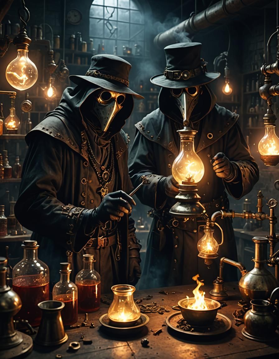 Steampunk Plague Doctors Brewing Potion in Laboratory