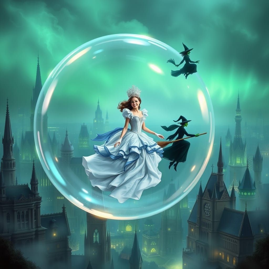 Enchanted Witches Soar Amidst Emerald City's Ethereal Splend...
