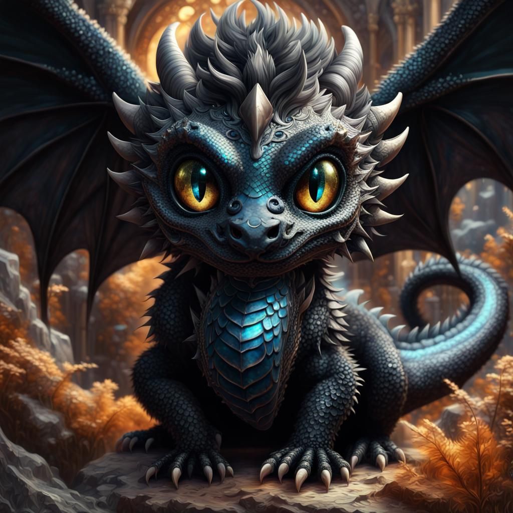 Adorable Black Dragon with Gothic Background