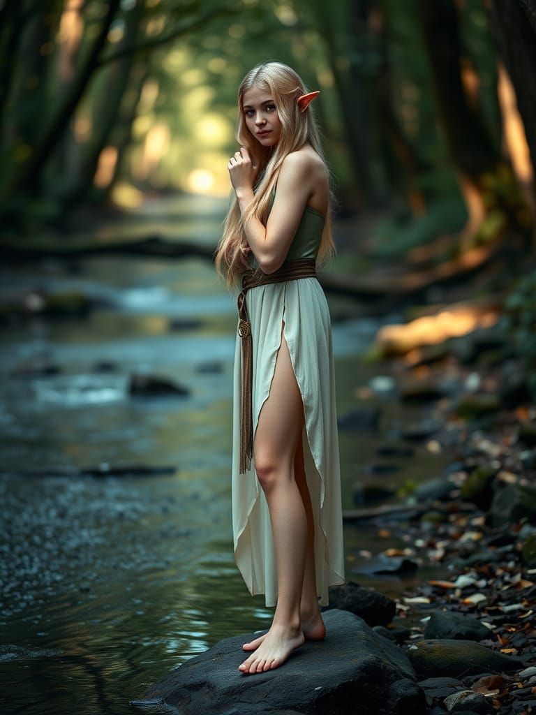 Blonde Elf Maiden in Forest Stream, Professional Photography