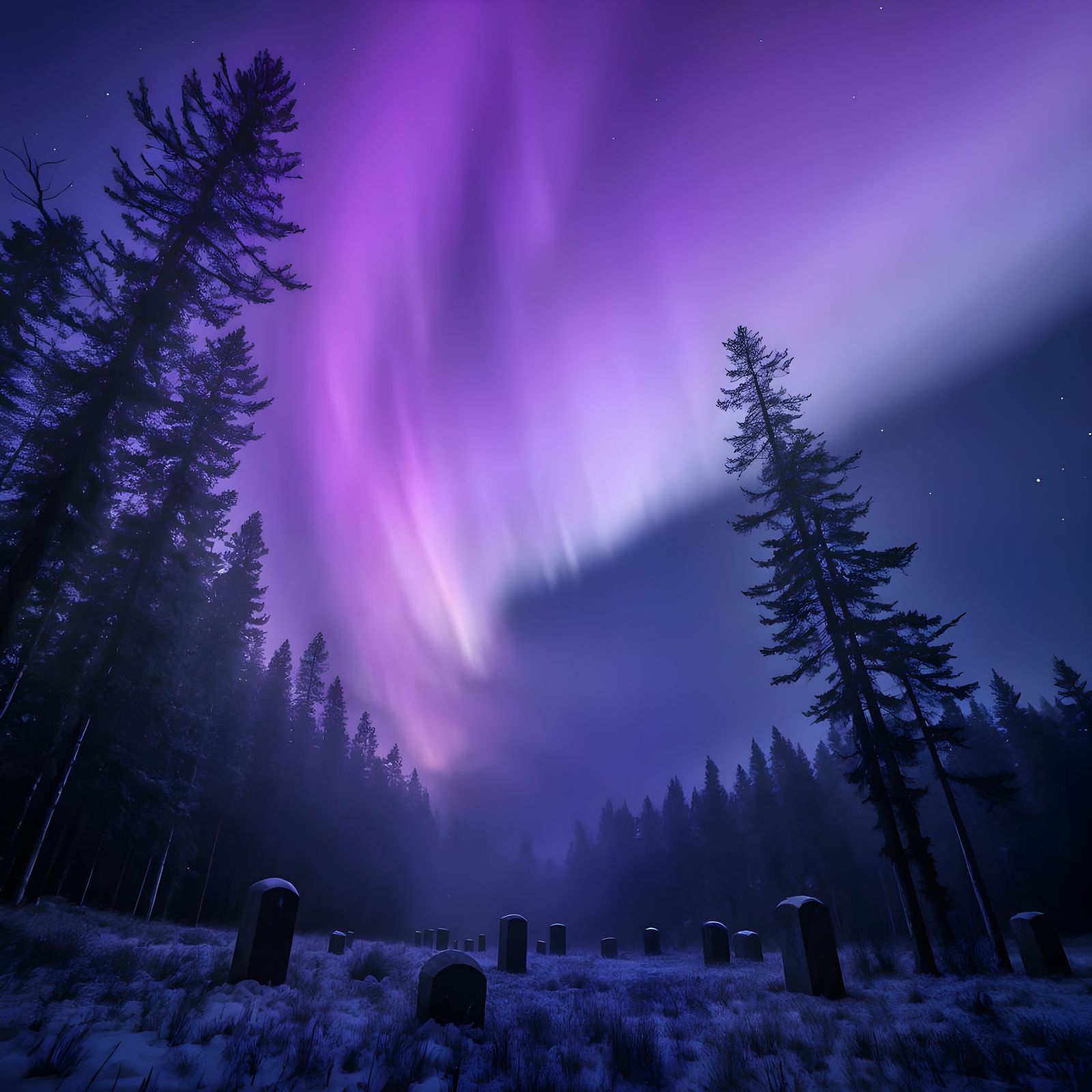 Spooky Graveyard Under Purplish Aurora