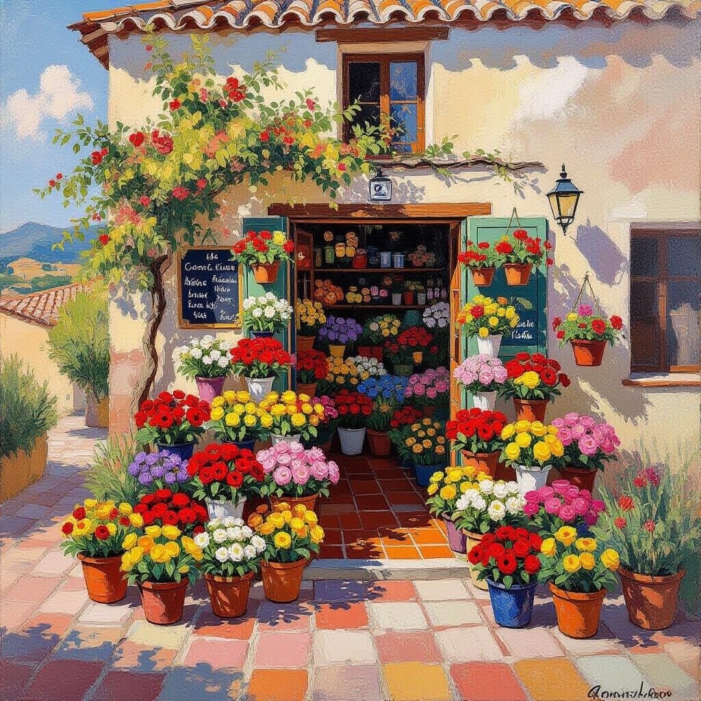 Vintage Flower Shop in Spain, Neo-Impressionist Style