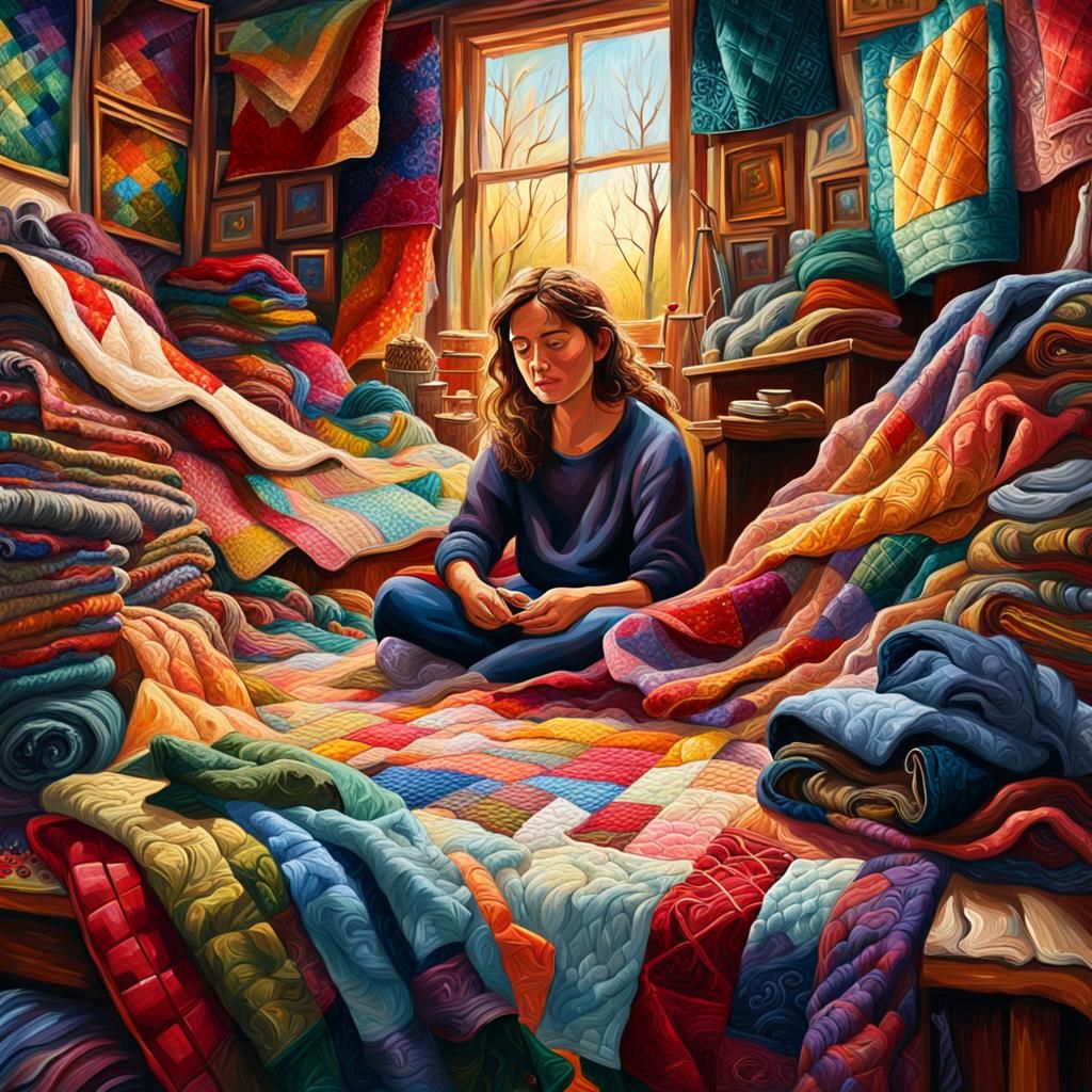 Colorful Quilts and Fabrics in Oil Painting Style