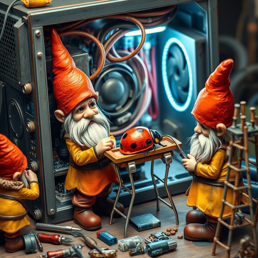 Whimsical Gnomes Repair a PC in a Fantastical Workshop
