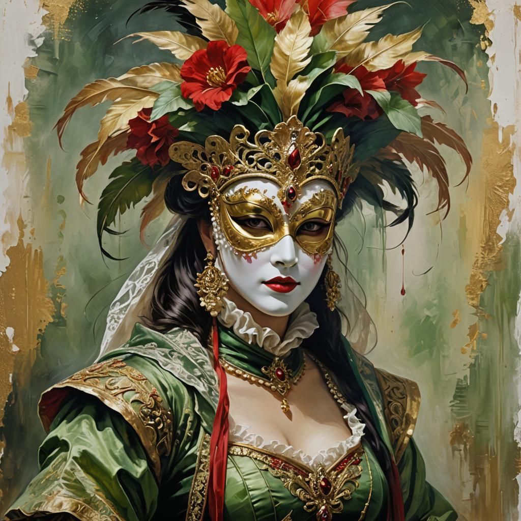 Venetian Lady in Mask: Impasto Oil Painting