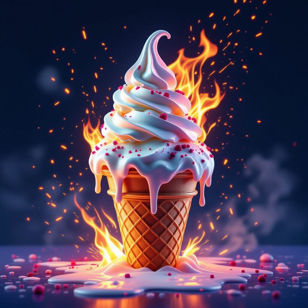 Flaming Ice Cream Sculpture in Surreal Style