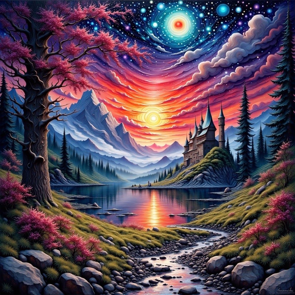 Fantasy Landscape Oil Painting with Silver Lake and Castle
