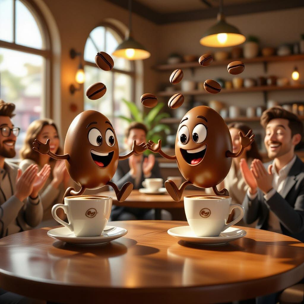 Dancing Coffee Beans in a Lively Café Scene