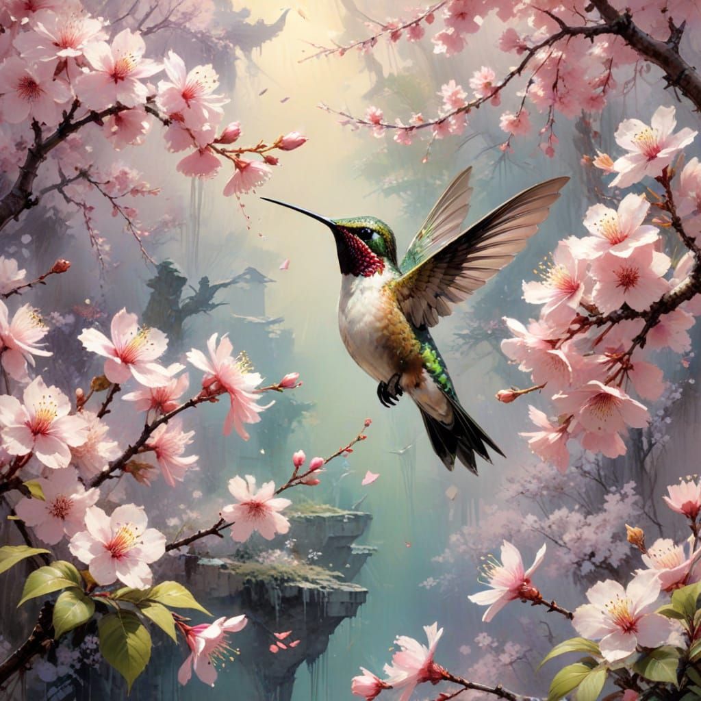 Vibrant Spring Scene with Delicate Hummingbird Amid Cherry B...
