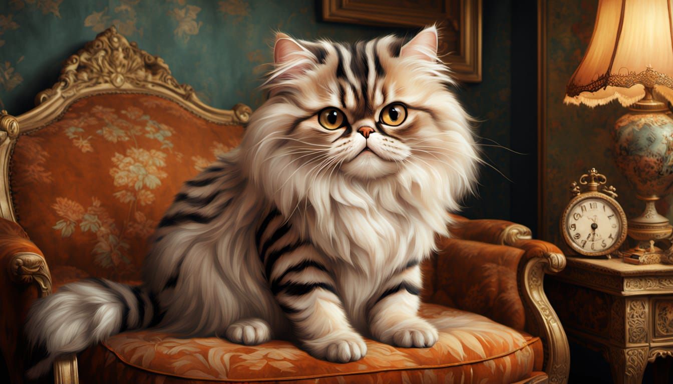 Persian Cat in Tiger Costume Sits Regally on Velvet Cushion