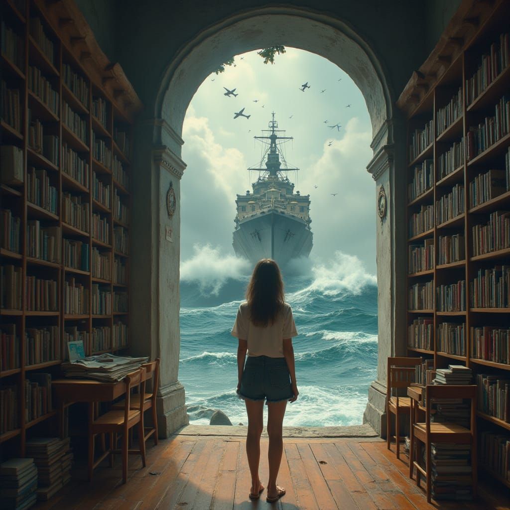 Uma cena surreal e mágica dentro de uma antiga biblioteca ou...