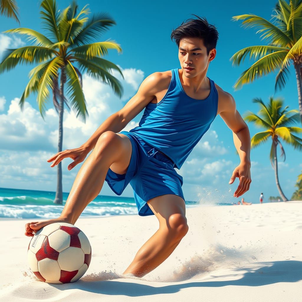 Hyperrealistic Footballer on Tropical Beach in Vibrant Style