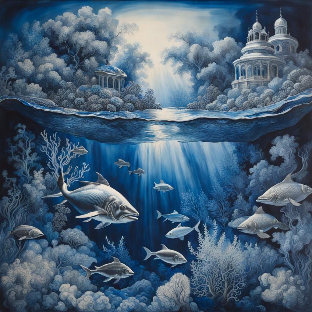 Bichromatic Underwater Scene in Blue and Silver