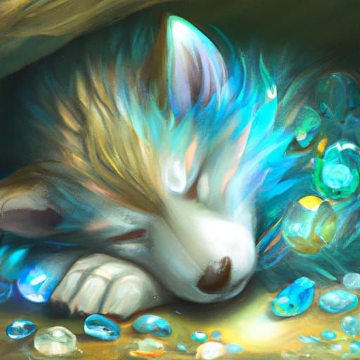 Fluffy Wolf Puppy in Crystal Cave