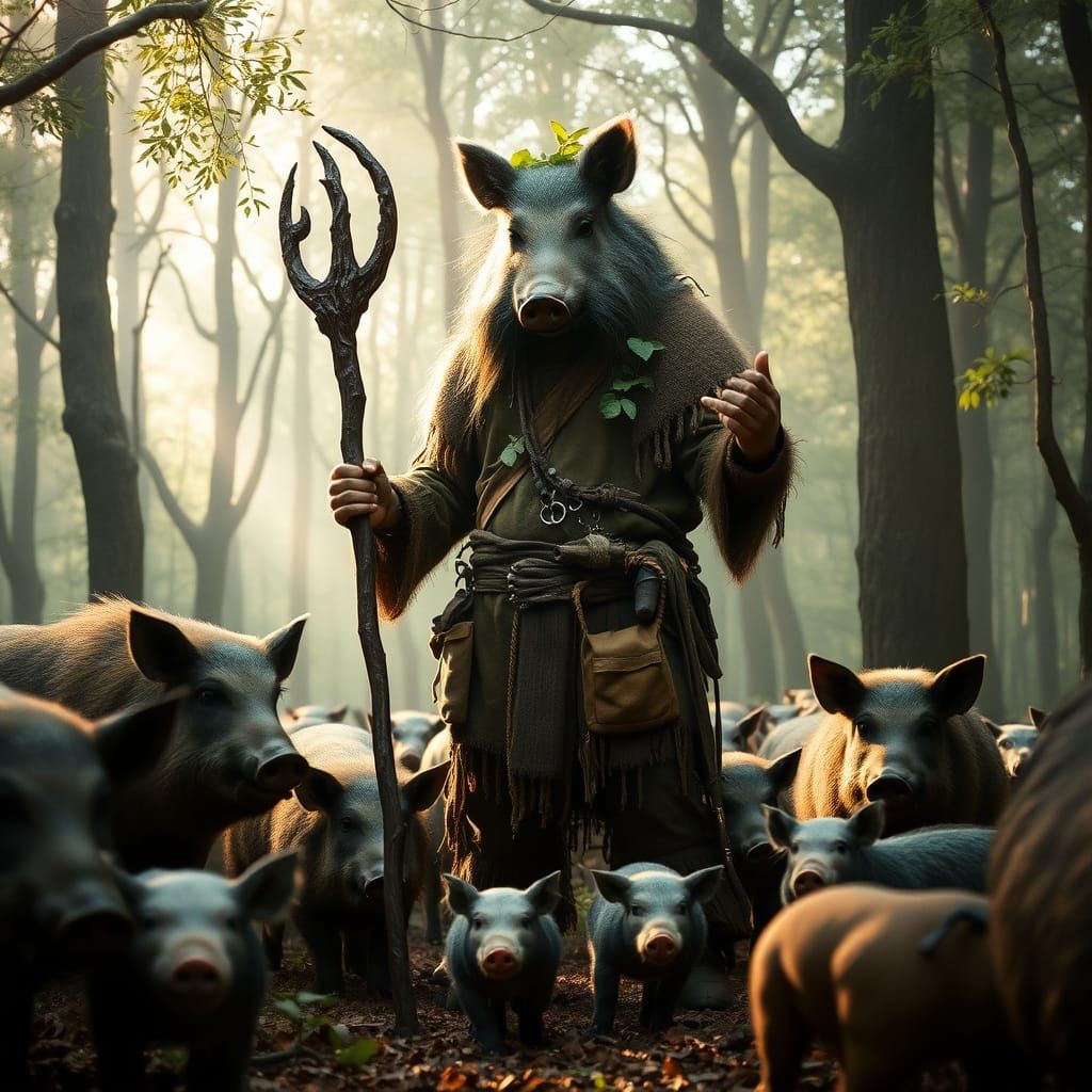 Majestic Druidic Figure with Boar's Head in Serene Forest