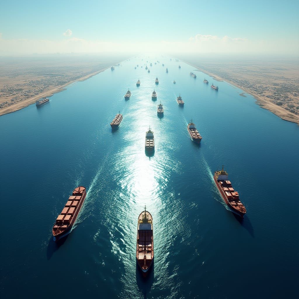 Suez Canal Panorama: Ships Under Dramatic Sunlight