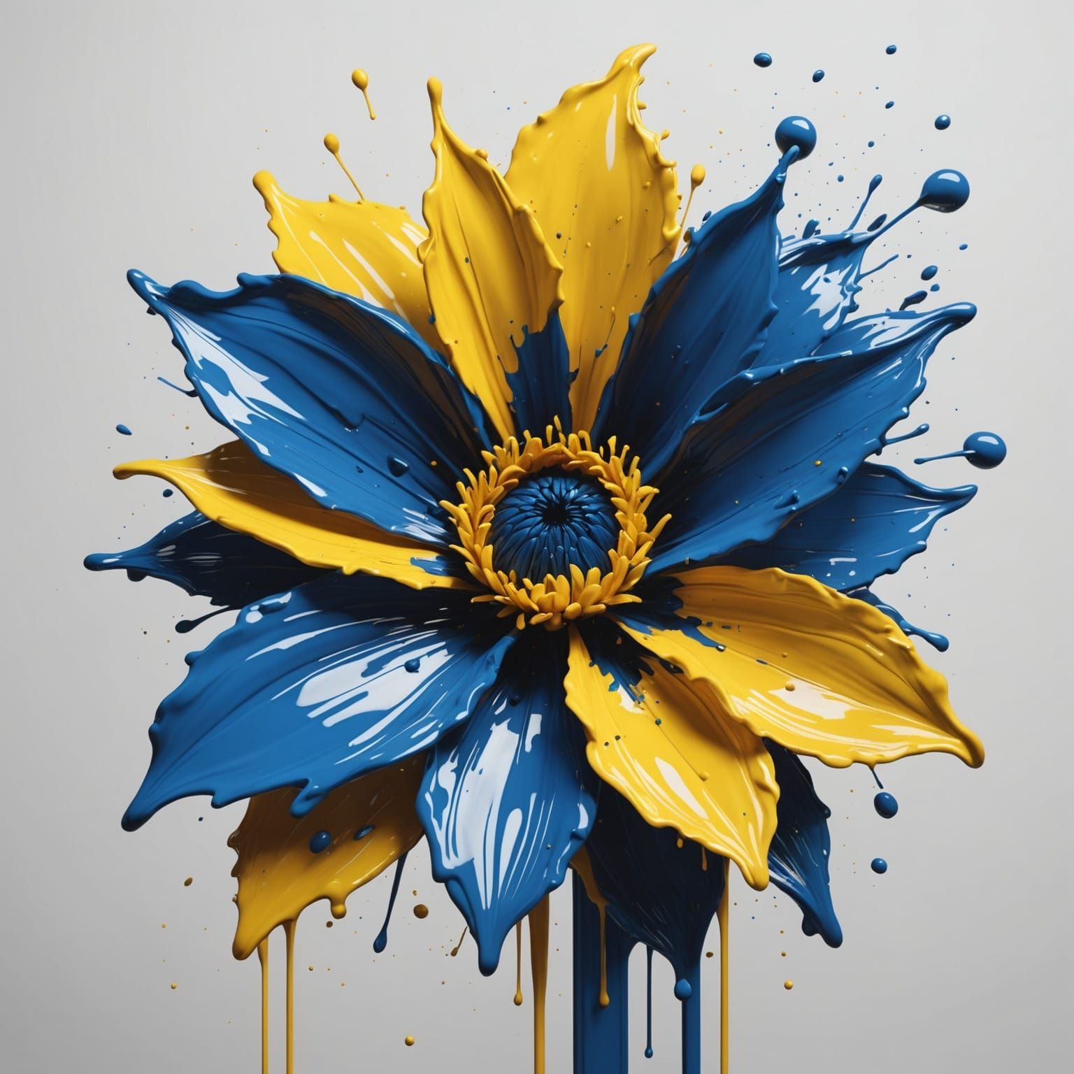 Blue and Yellow Paint Splatter Flower: Digital Art