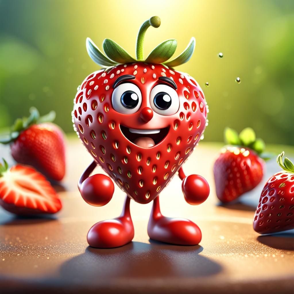 Cute Anthropomorphic Strawberry with Big Grin in 3D