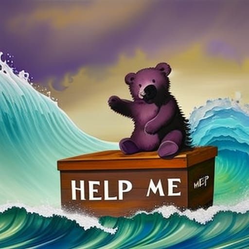 Teddy Bear in Purple Wave: Liquid Gouache Painting