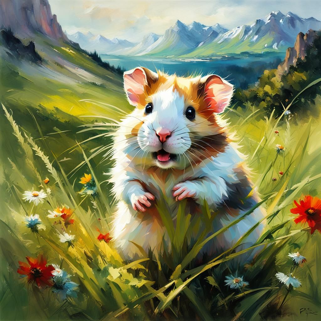 Adorable Hamster in Meadow: Oil Painting Style