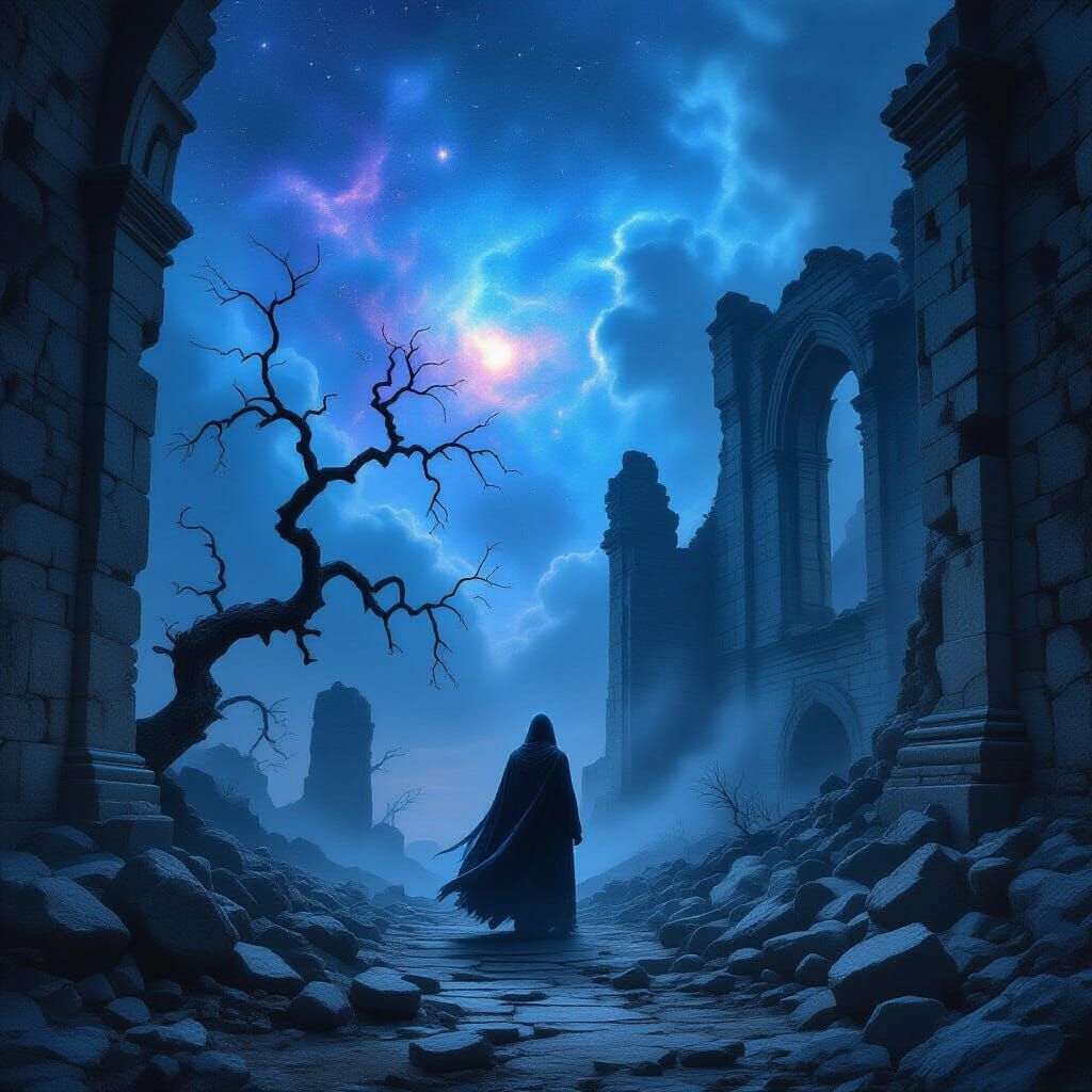 Spectral Figure in Ancient Observatory Under Nebula Glow