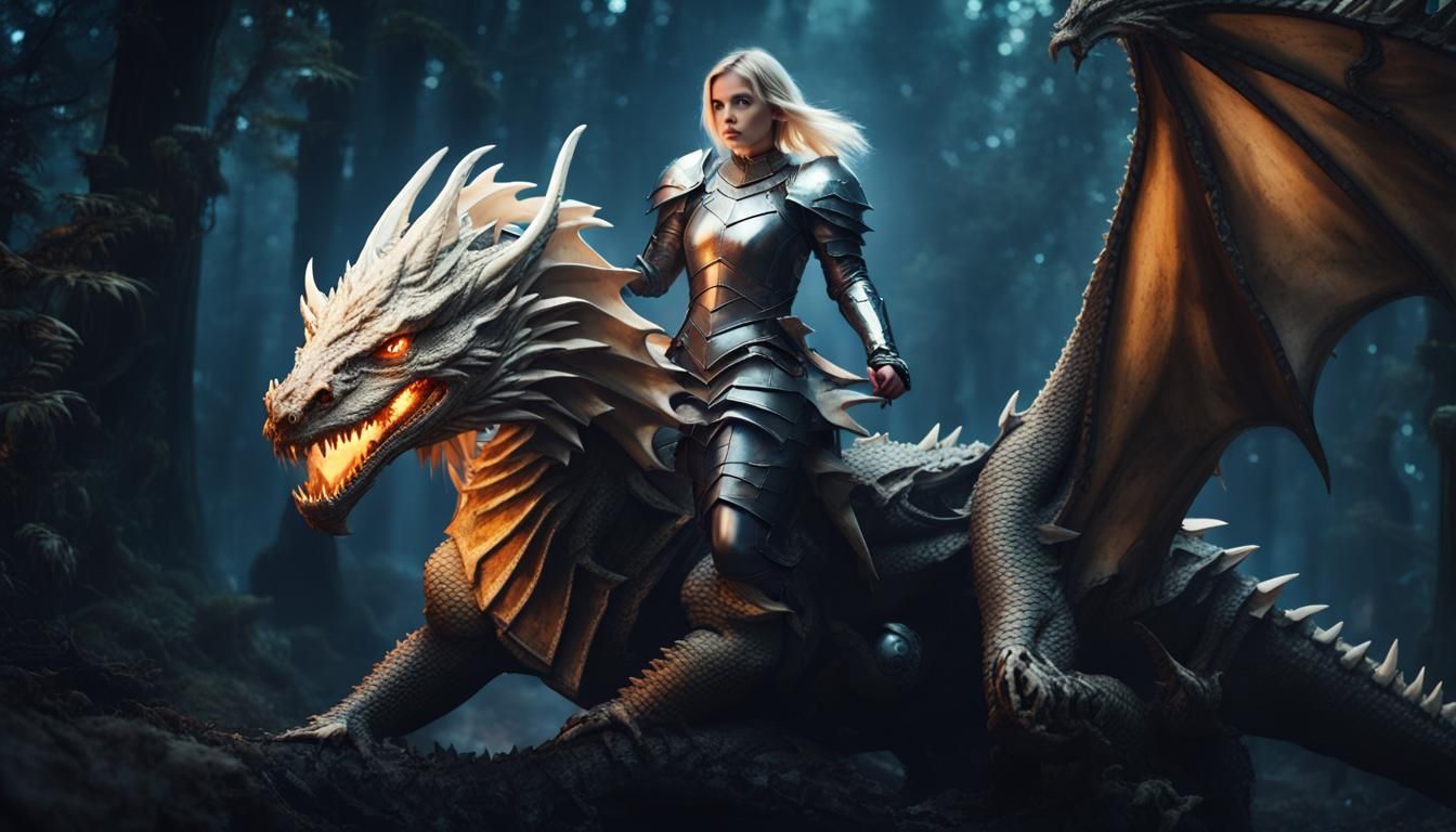 Knightess on Dragonback in Fantasy Forest