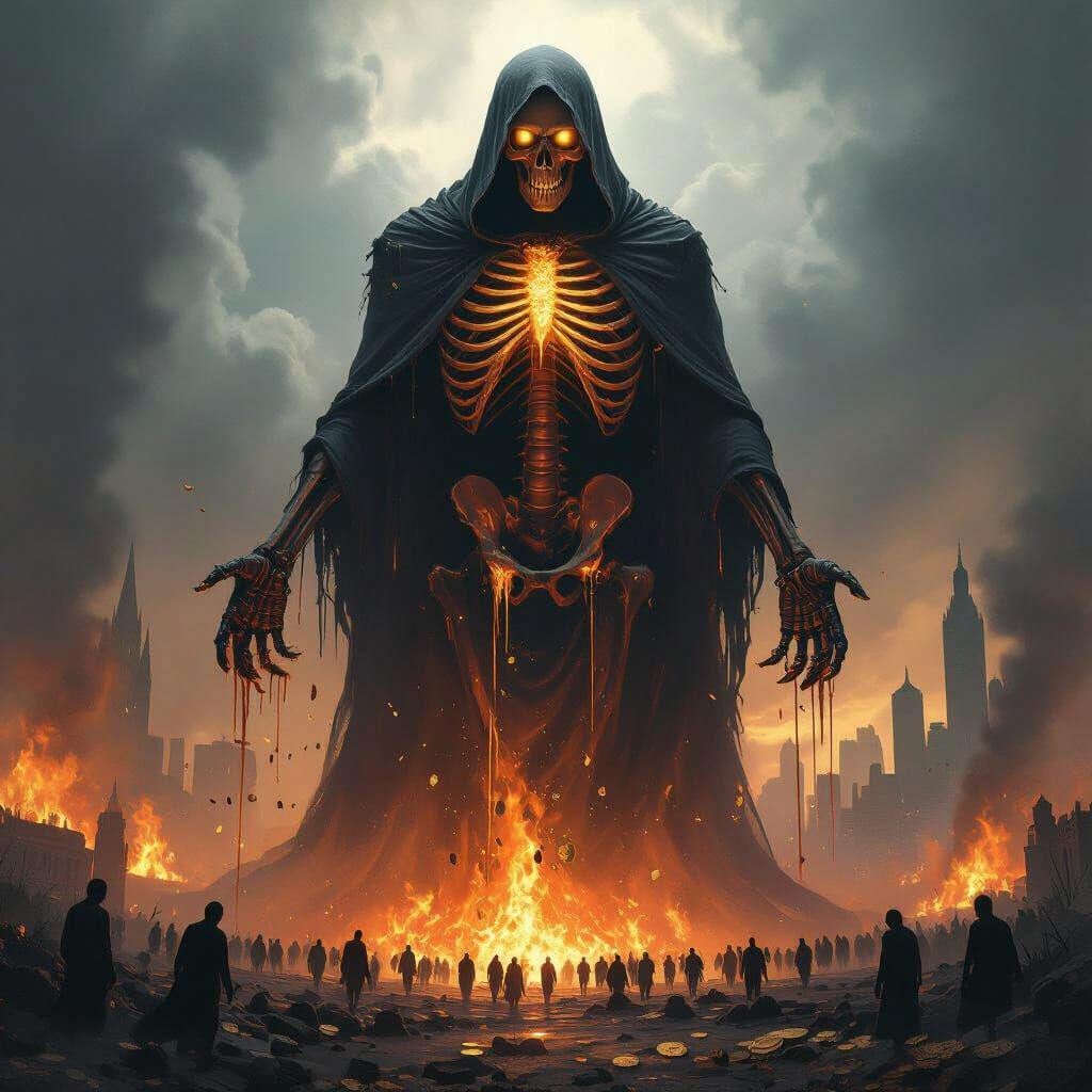 War Personified: Skeletal Figure Over Burning City