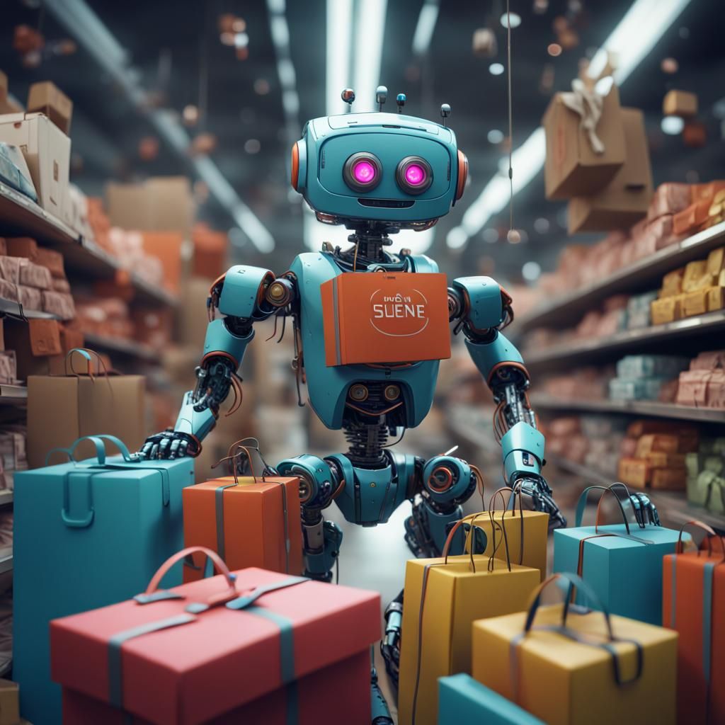 Robot Shopping Spree in Detailed Digital Painting