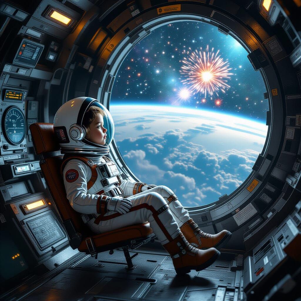 Girl in Spacesuit Drifting in Space Station