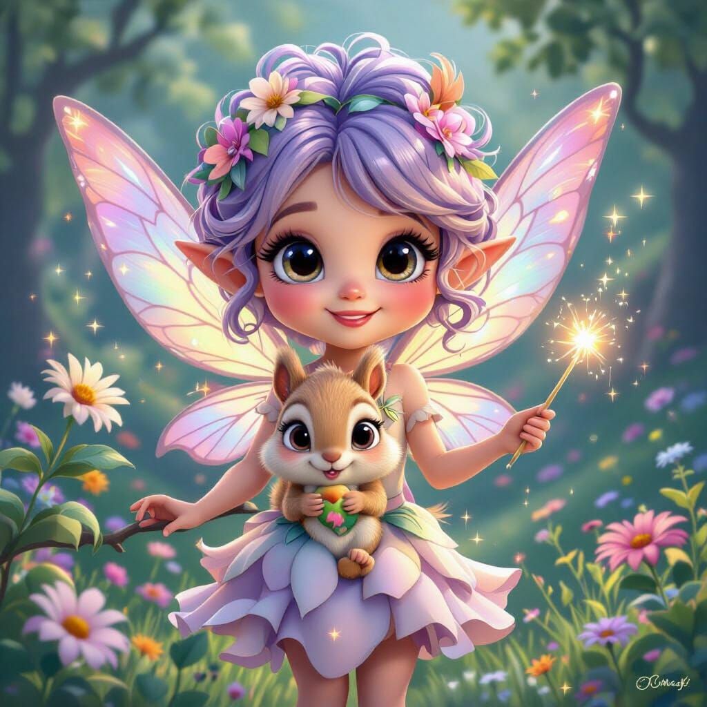 Squirrel and Fairy in Whimsical Pixar-Style Garden