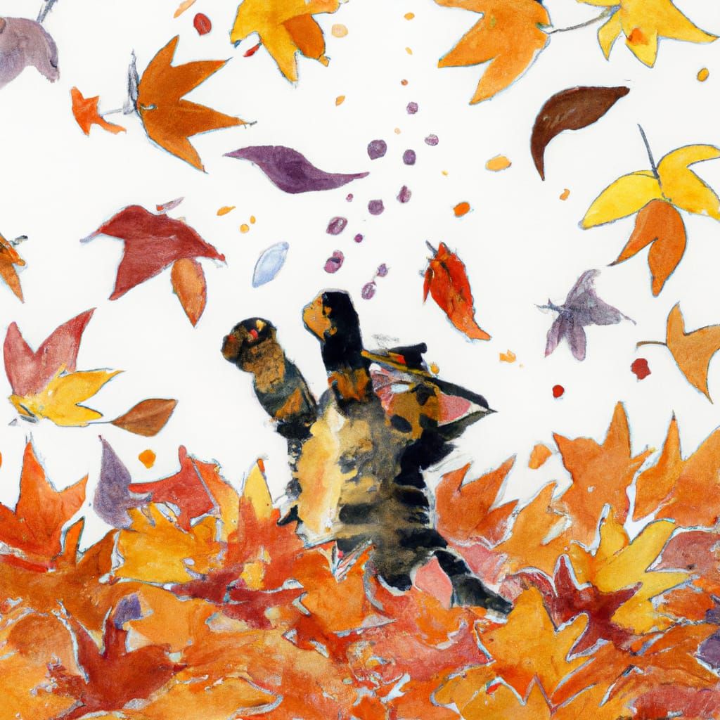 Cute Kitten in Autumn Forest, Watercolor Style