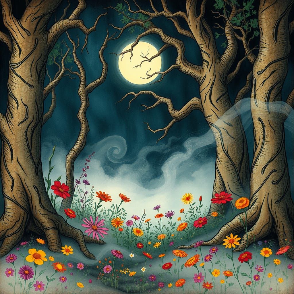 Enchanted Moonlit Forest in Whimsical Art Style