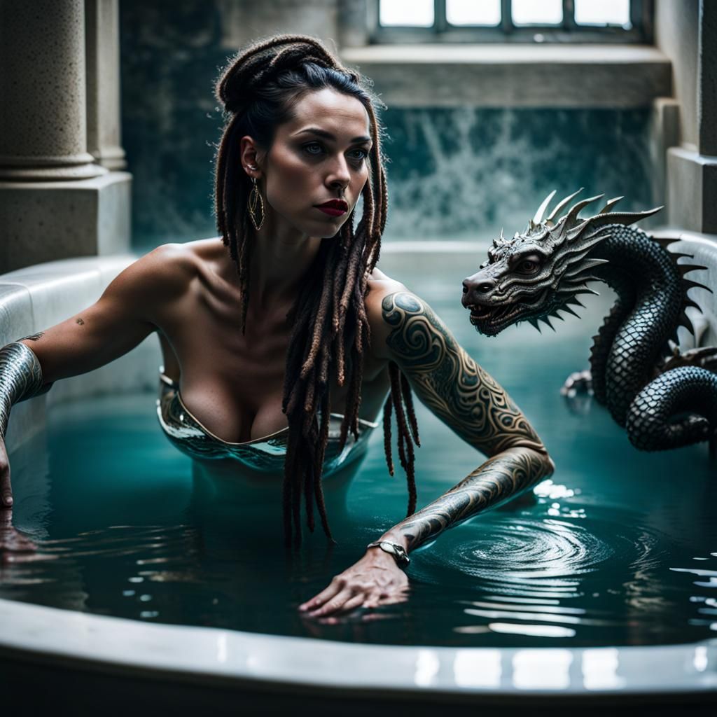 Brunette Woman with Dreads in Dragon Bath