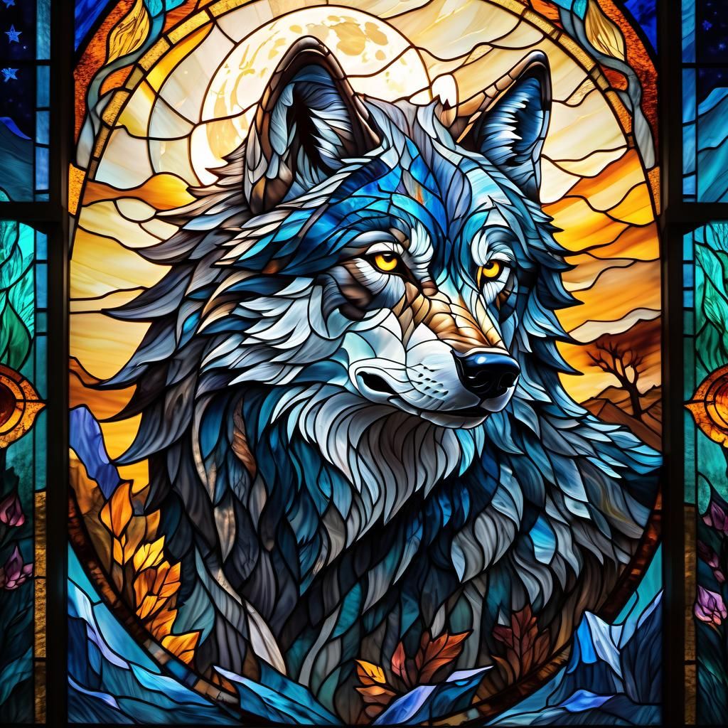Stained Glass Wolf Under Moonlight: Hyperrealistic Art