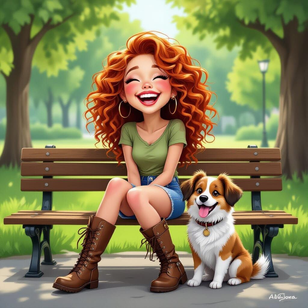 Cartoon Girl with Curly Red Hair on Park Bench