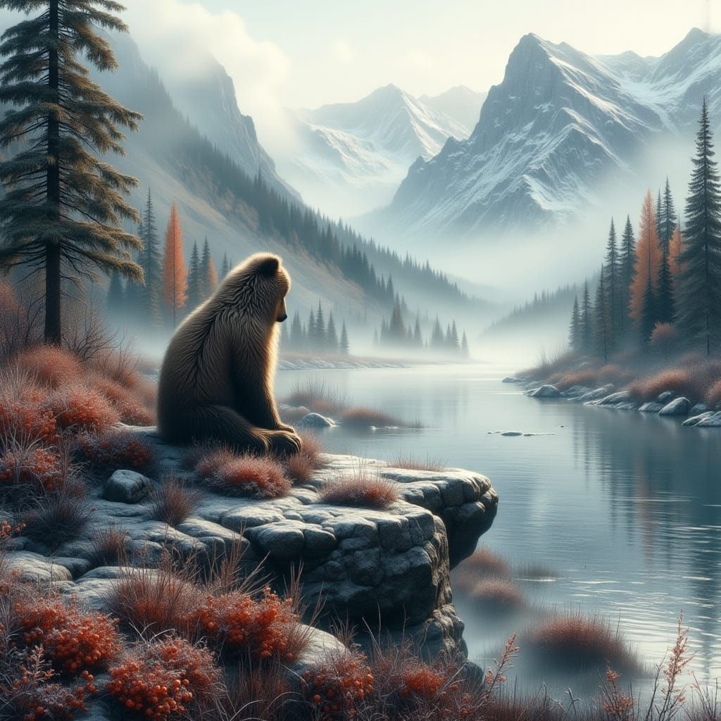 Brown Bear Overlooks Autumn Dawn Lake
