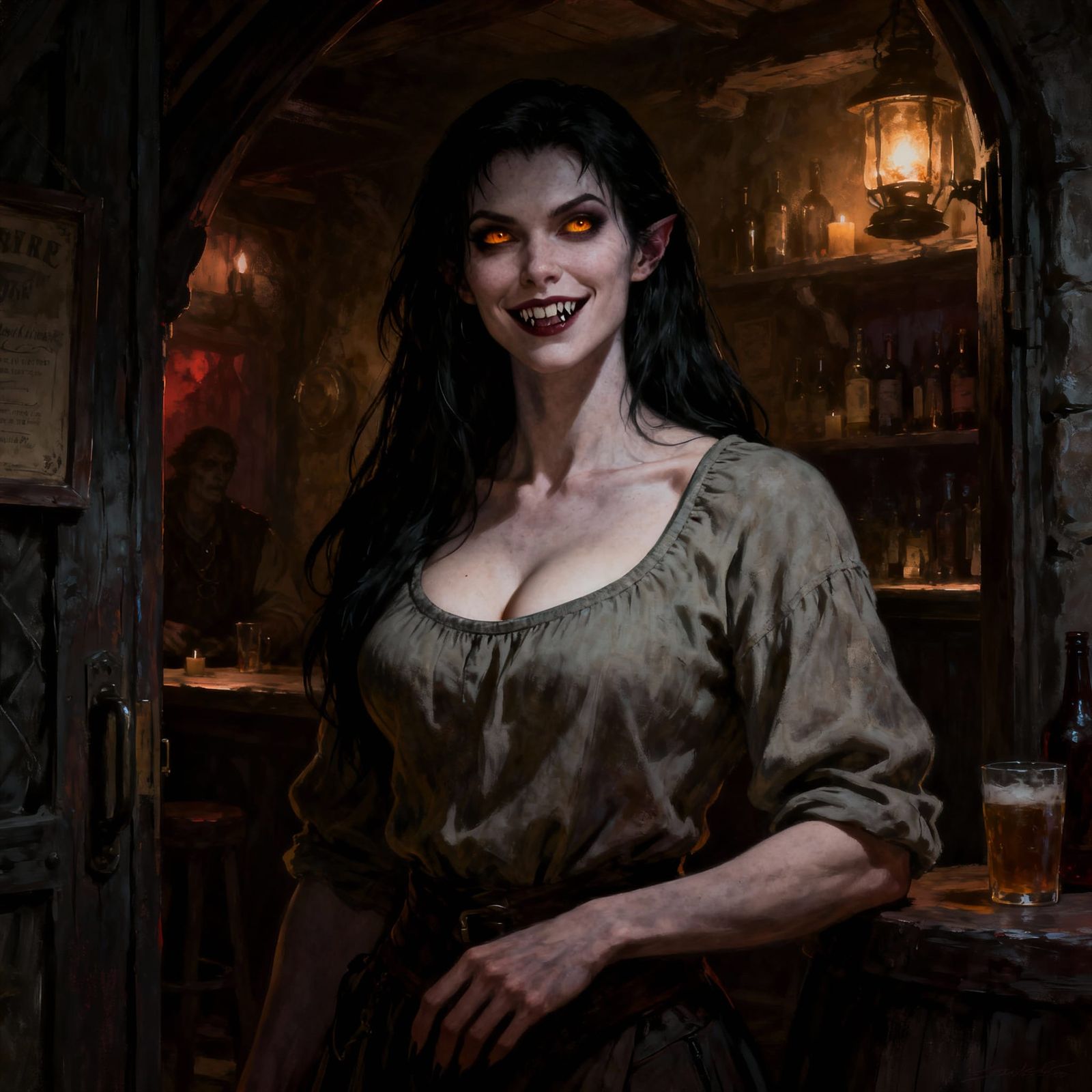 Hypnotic Vampire Woman in Dark Fantasy Tavern