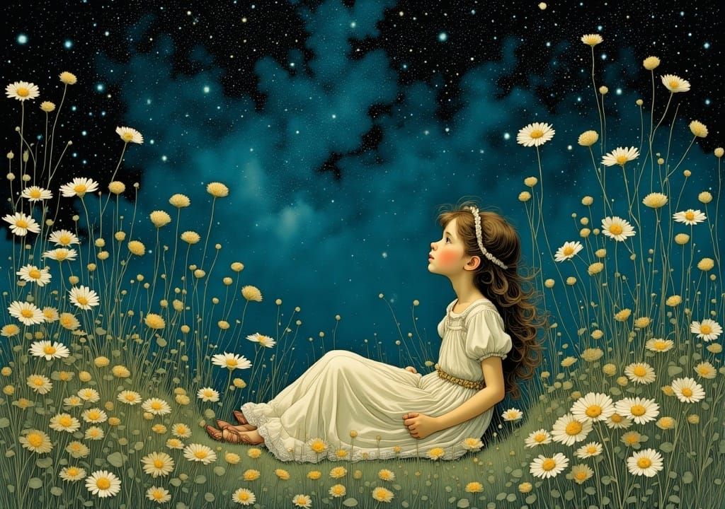 Girl in Starry Meadow, Art Nouveau Style