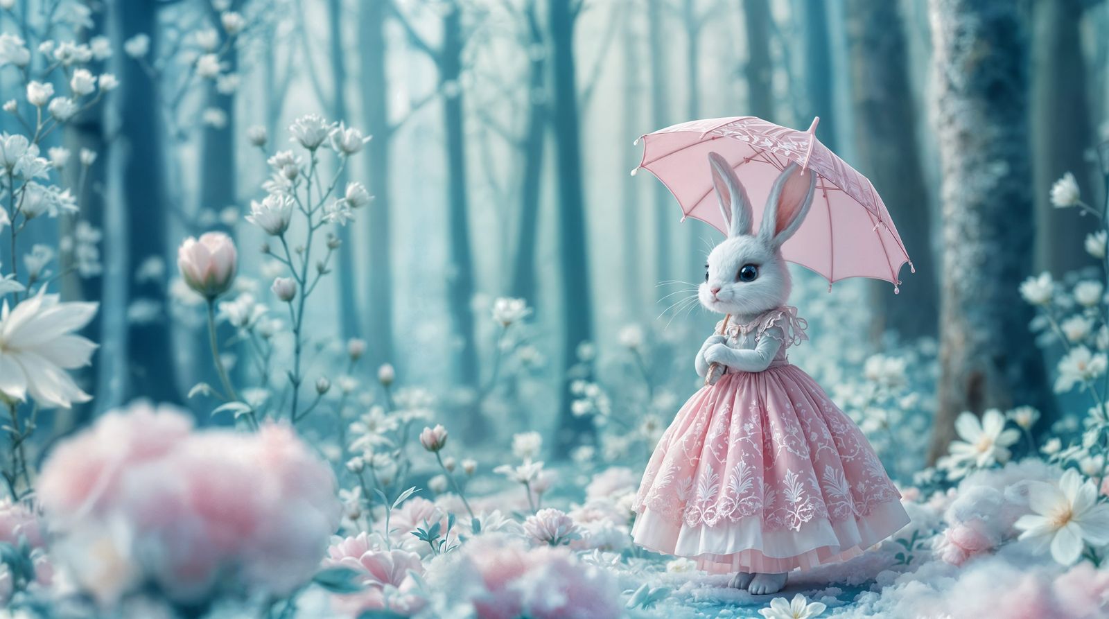Whimsical Pastel Forest Scene with Adorable Cyanotype Bunny
