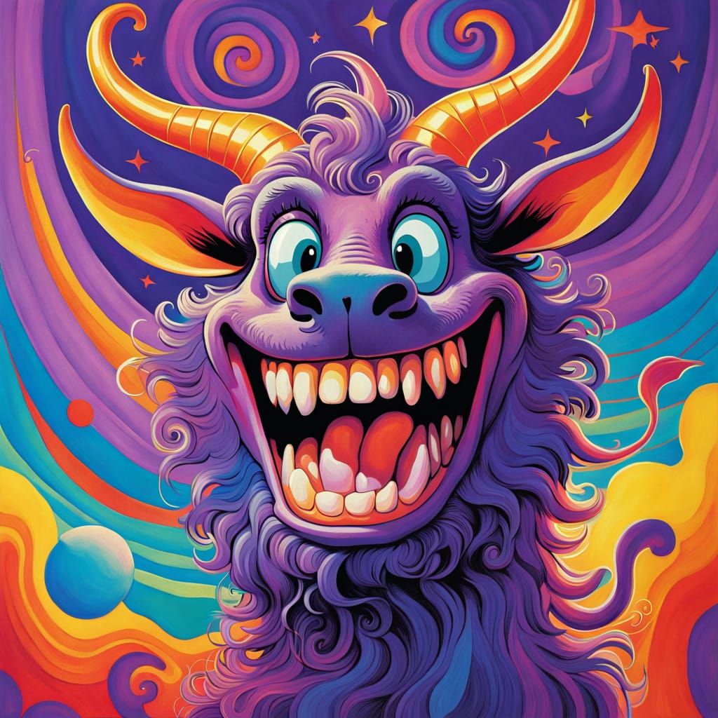Whimsical Purple People Eater in Flying Psychedelic Scene