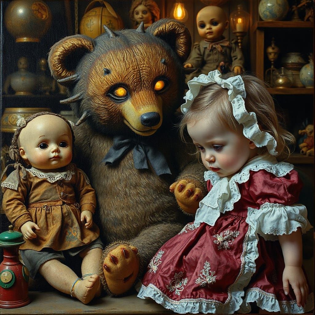 Girl Hiding in Antique Toy Store with Eerie Teddybear