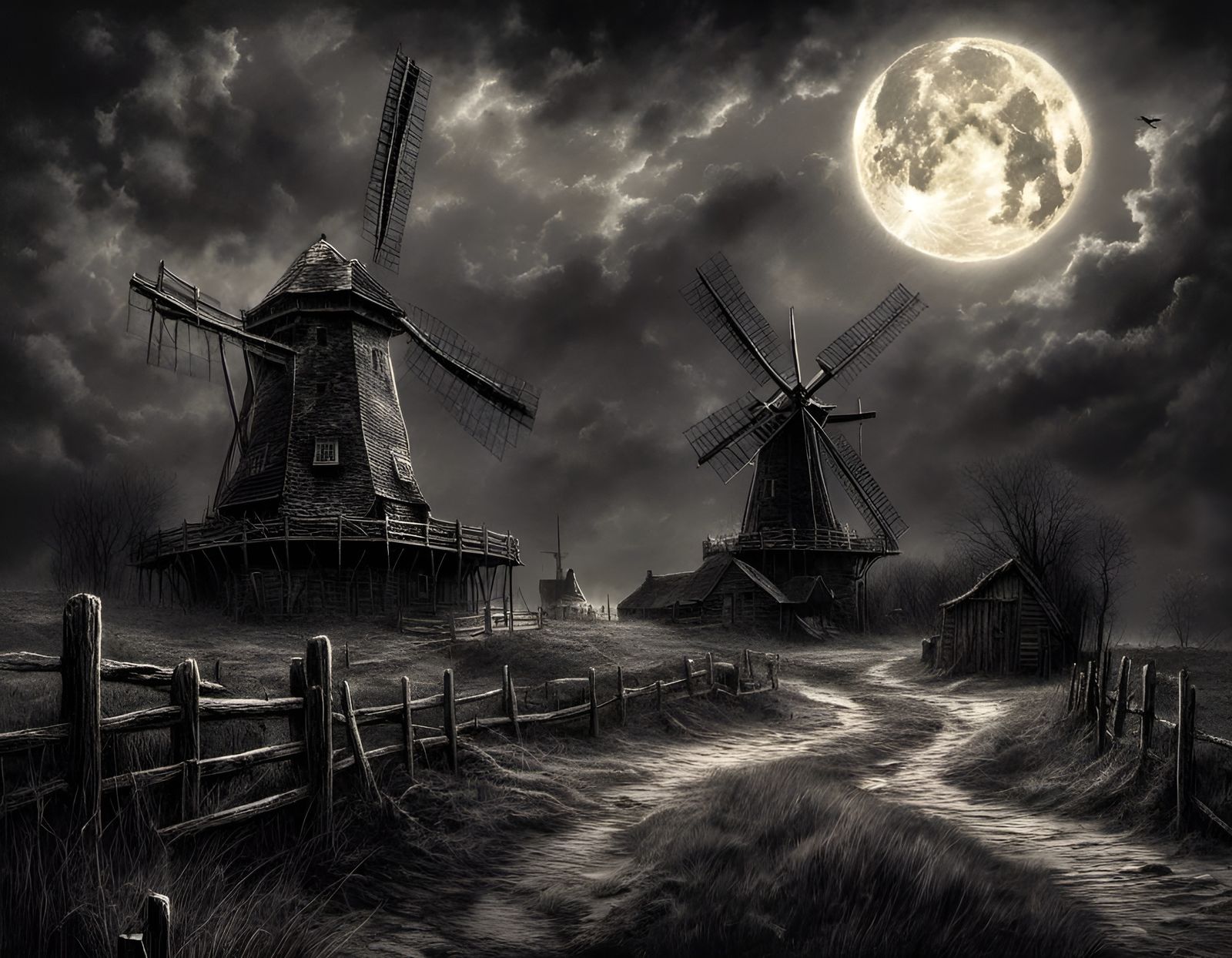 Dutch Windmill Under a Fantastical Super Moon