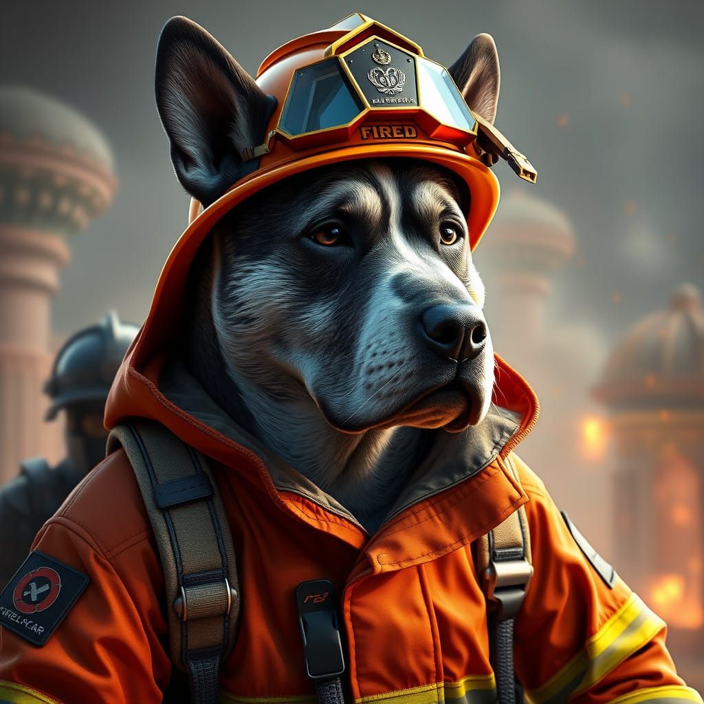 Canine Firefighter in a Fantastical Setting