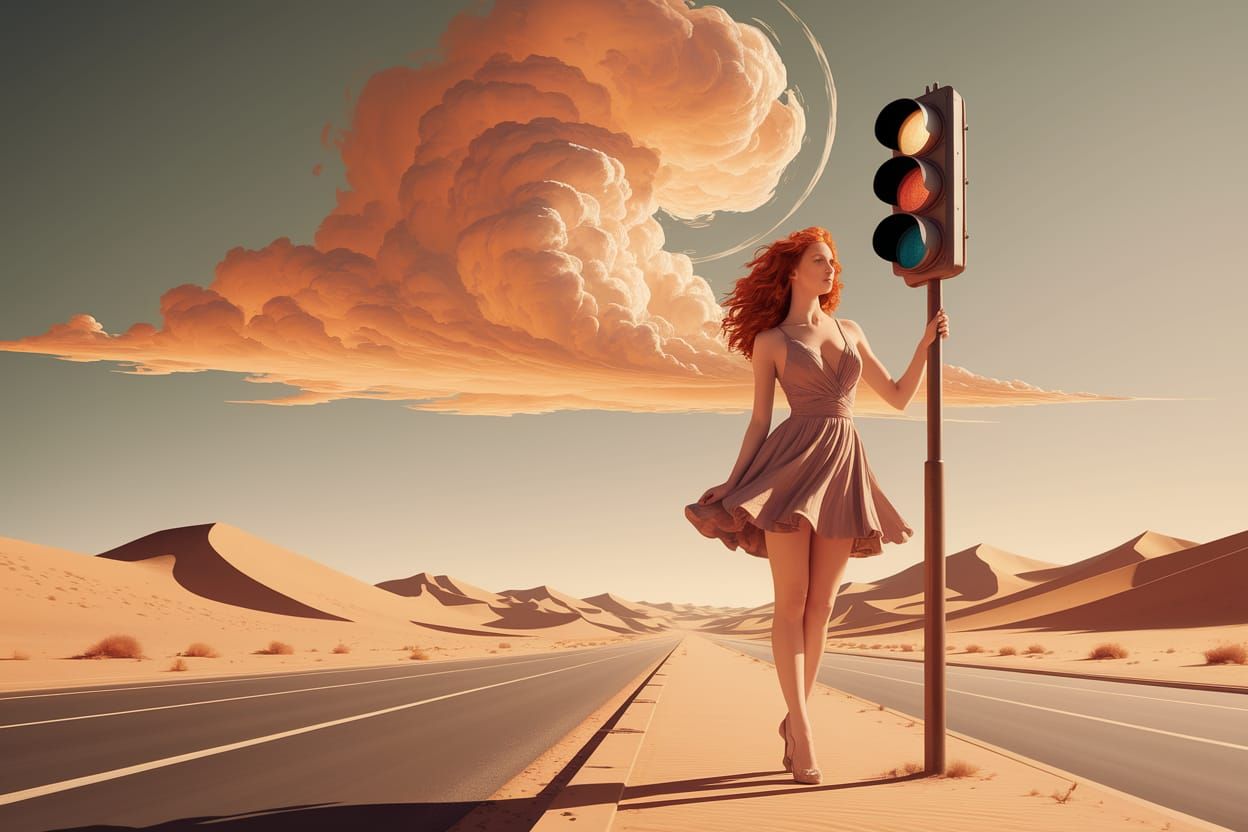 Woman with Traffic Light in Desert, Turner Style