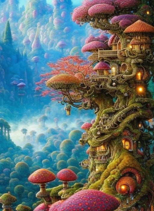 Whimsical Fantasy Landscape with Treehouses, Poster Art