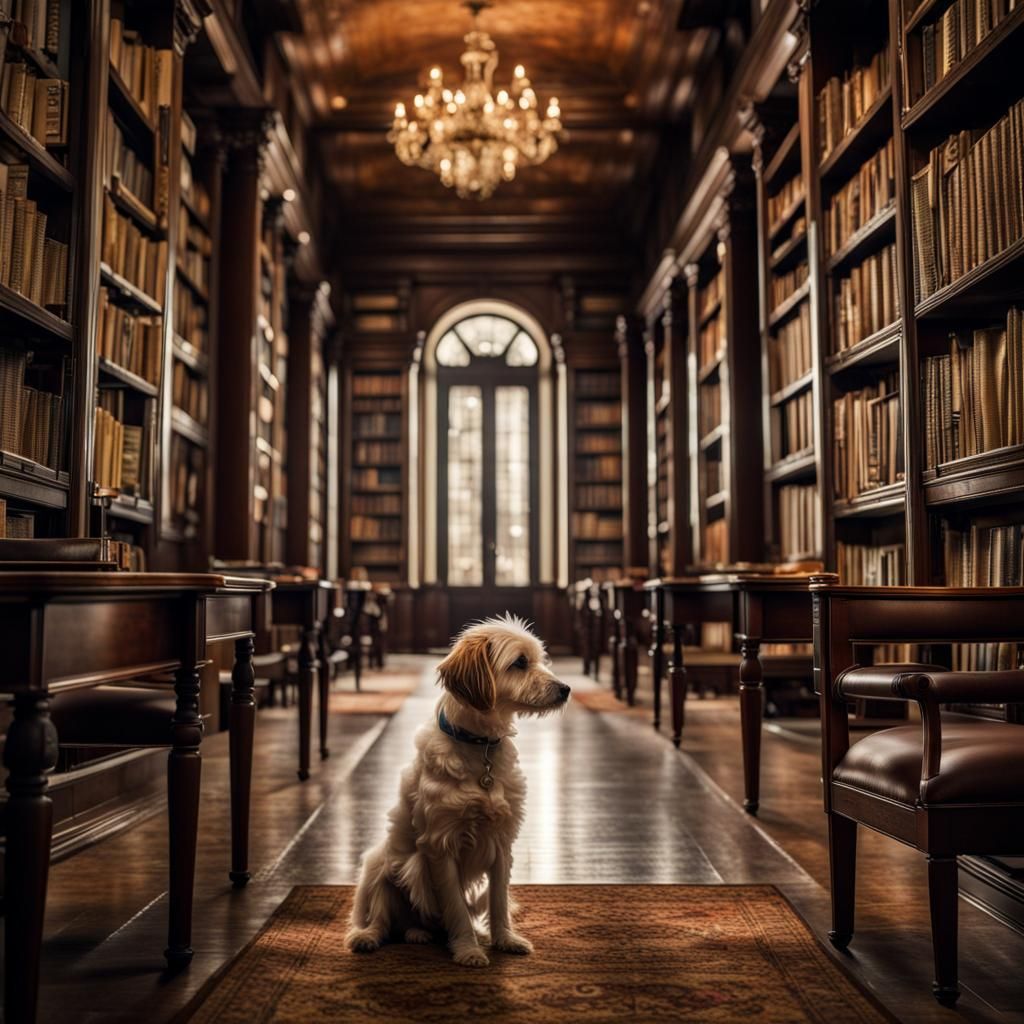 Hyperrealistic Dog Portrait in Library Setting