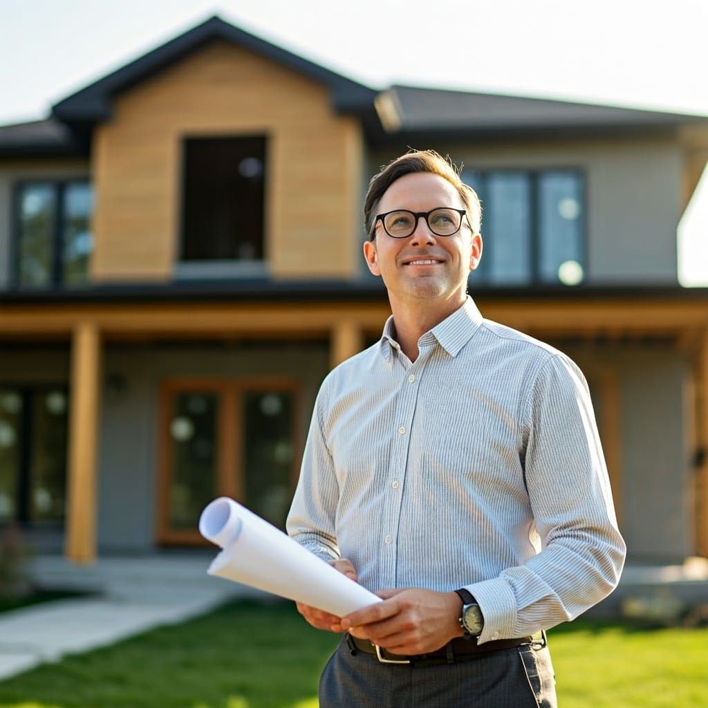 Architect Proudly Surveys Modern Home, Stylized Realism