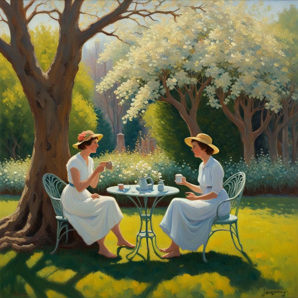 Women Chatting in Garden, Oil Painting