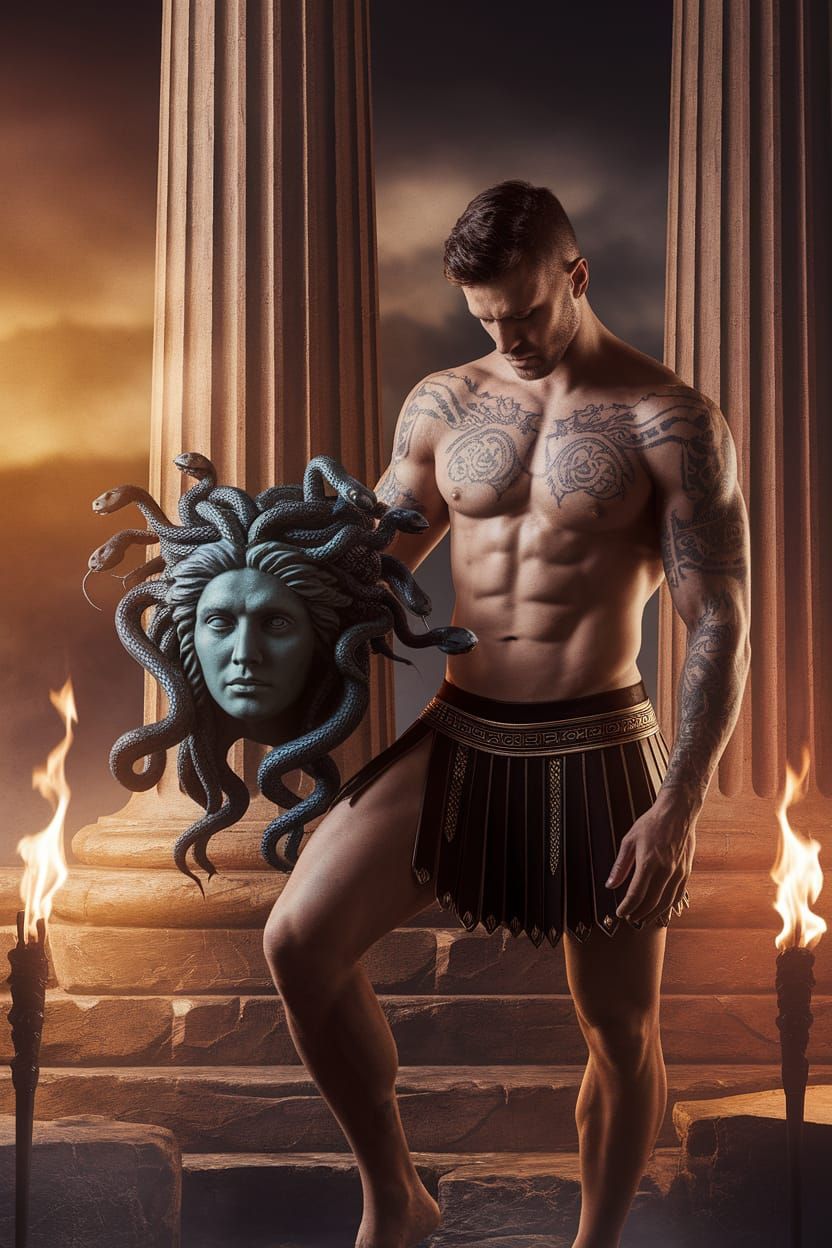 Greek Warrior Posing with Medusa's Head in a Dramatic Fantas...